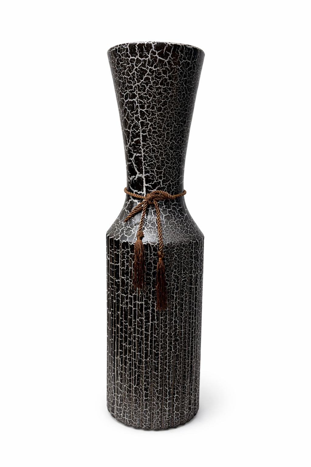 Black Crackle Floor Vase with Rustic Rope Accent