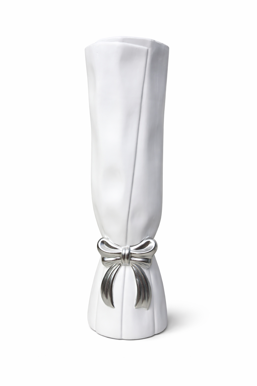 White Decorative Floor Vase with Silver Bow Accent